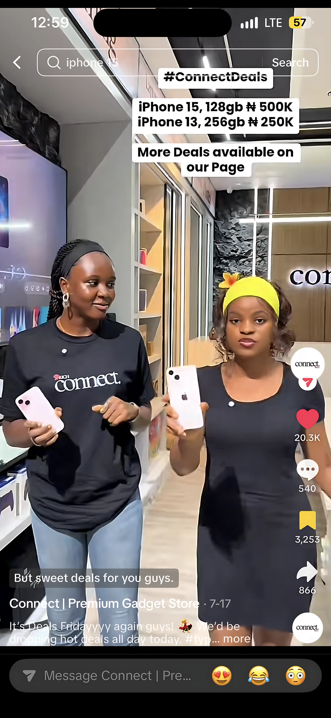 Screenshot of a #ConnectDeals TikTok: two of Connect’s staff holding iPhones, both prices on screen, 20.3K likes, 3,253 saves, 866 shares