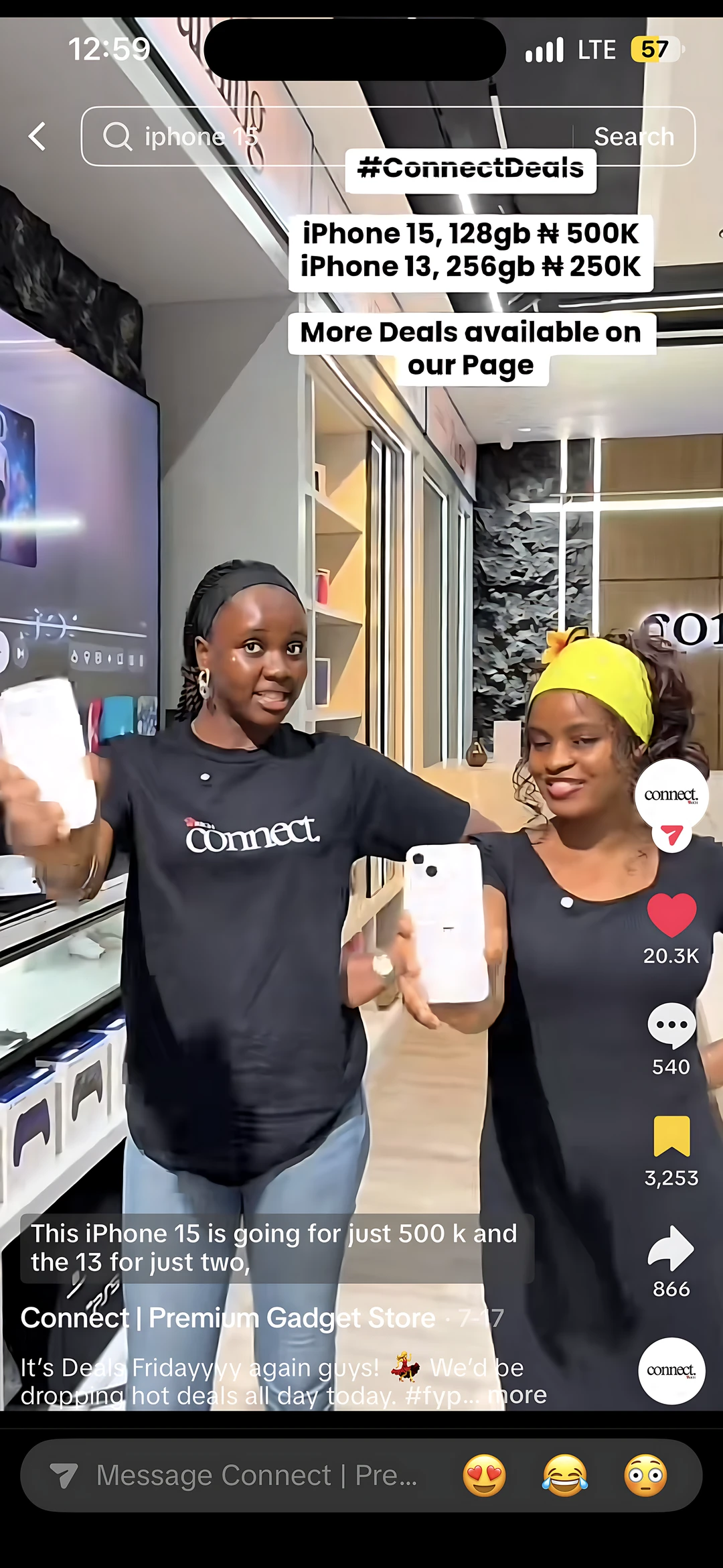 Screenshot of a #ConnectDeals TikTok: two of Connect’s staff holding iPhones, both prices on screen, 20.3K likes