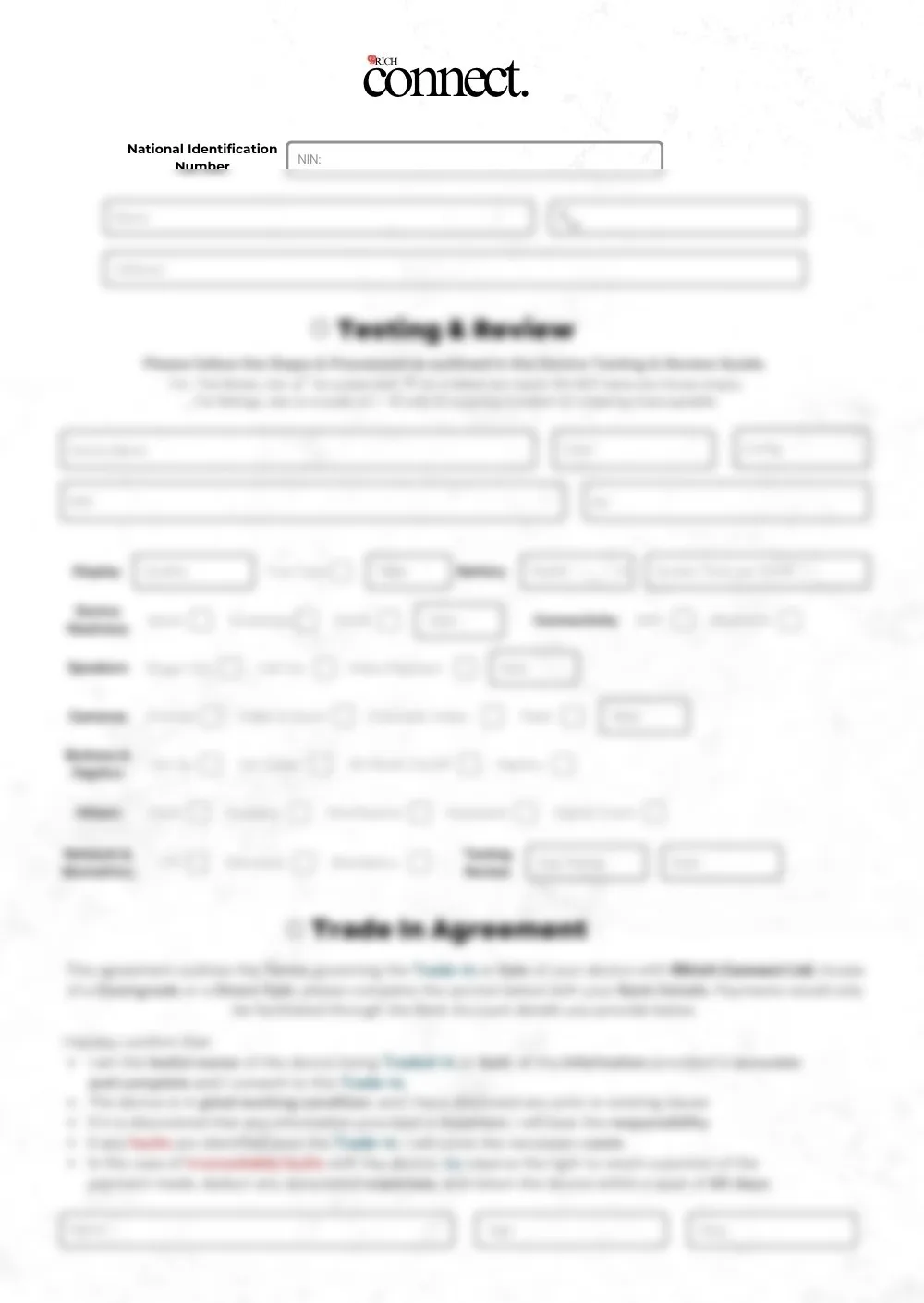 Swap form with testing, review and trade-in agreement, details blurred